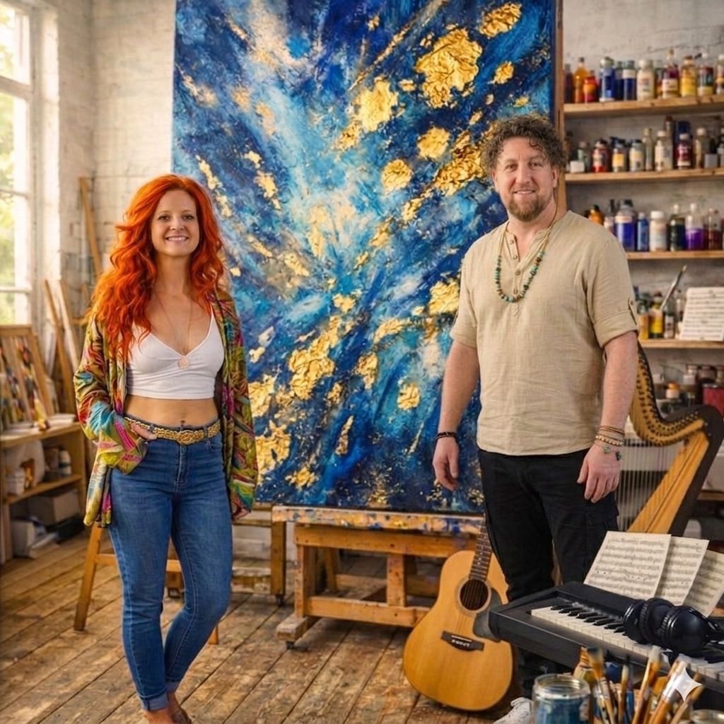 Zwei Personen stehen in einem Atelier vor einem großen, abstrakten Gemälde in Blau- und Goldtönen, umgeben von Musikinstrumenten wie Gitarre, Keyboard und Harfe sowie Malutensilien.